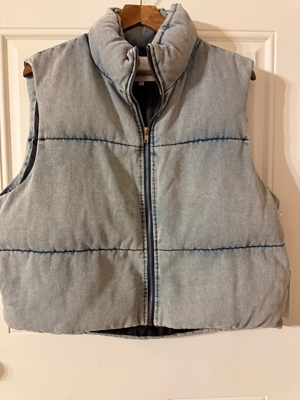 Light Blue Puffer Vest - Women's Quilted Denim-Style Vest